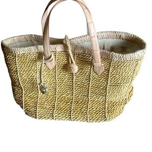 BRIGHTON vintage Flower Wood Button Straw & Woven Cream Leather Handbag GUC